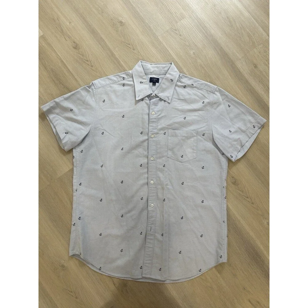 J.CREW Oxford 100% Cotton Shirt Men L Short Sleeve Button-Up Light Blue Anchors
